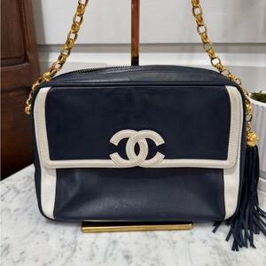 CHANEL Navy and White Lambskin Camera Shoulder Bag with Gold Chain